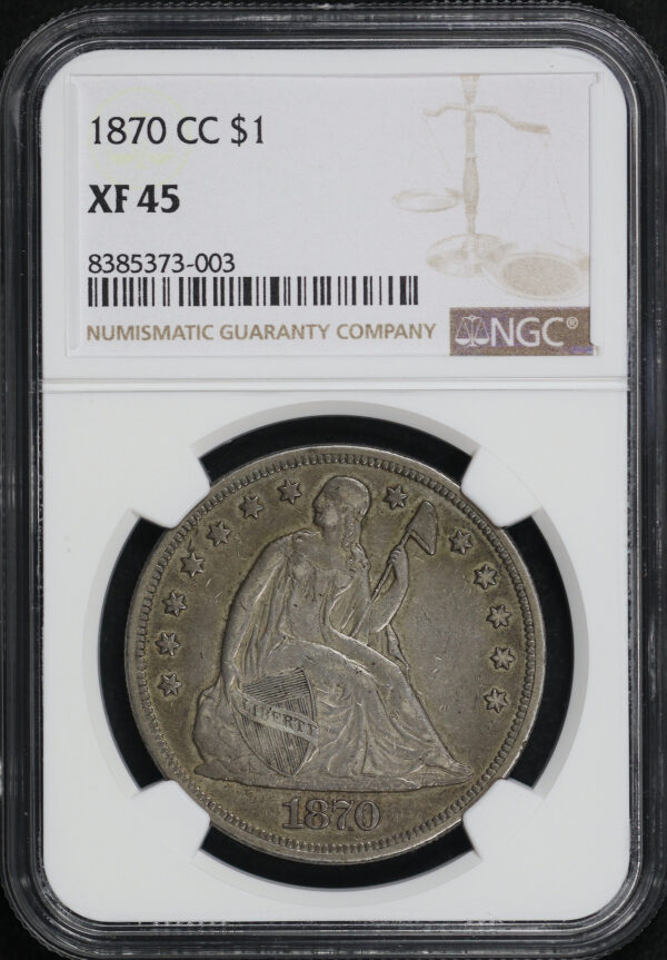 Obverse of this 1870-CC Liberty Seated Dollar NGC XF-45