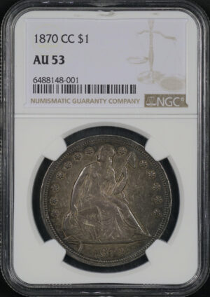 Obverse of this 1870-CC Liberty Seated Dollar NGC AU-53