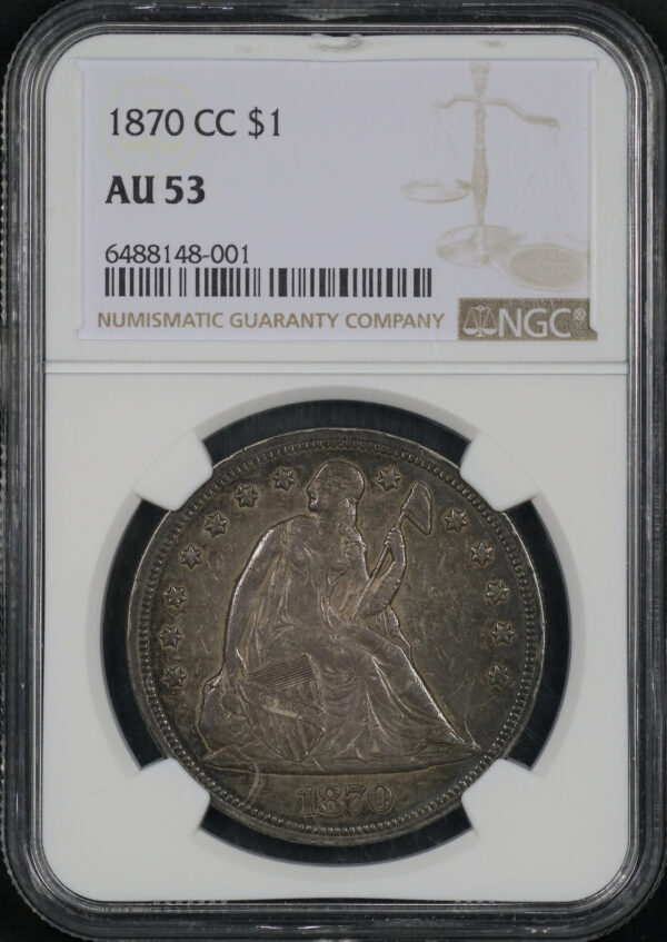 Obverse of this 1870-CC Liberty Seated Dollar NGC AU-53