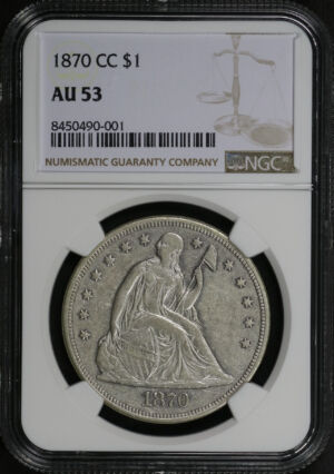 Obverse of this 1870-CC Liberty Seated Dollar NGC AU-53