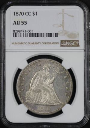 Obverse of this 1870-CC Liberty Seated Dollar NGC AU-55