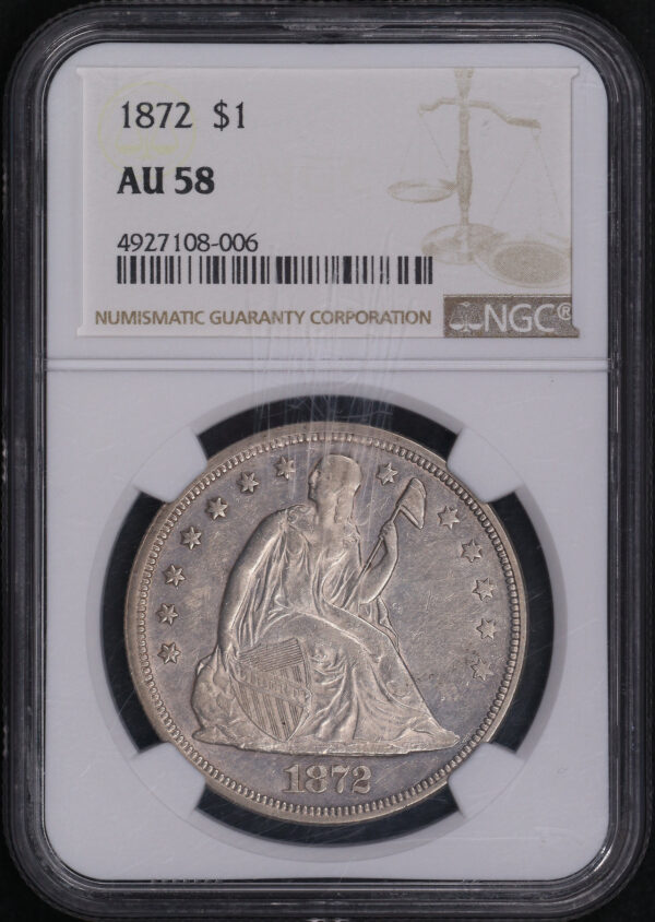 Obverse of this 1872 Liberty Seated Dollar NGC AU-58