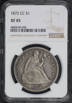 Obverse of this 1872-CC Liberty Seated Dollar NGC XF-45