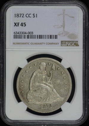 Obverse of this 1872-CC Liberty Seated Dollar NGC XF-45