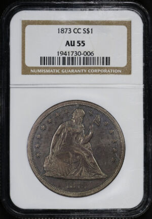 Obverse of this 1873-CC Liberty Seated Dollar NGC AU-55