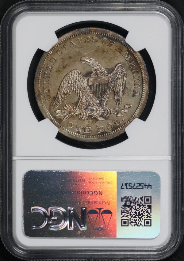 Reverse of this 1852 Restrike Liberty Seated Dollar NGC UNC Details Artificial Green Toning