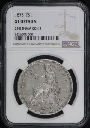 Obverse of this 1873 Trade Dollar NGC XF Details Chopmarked