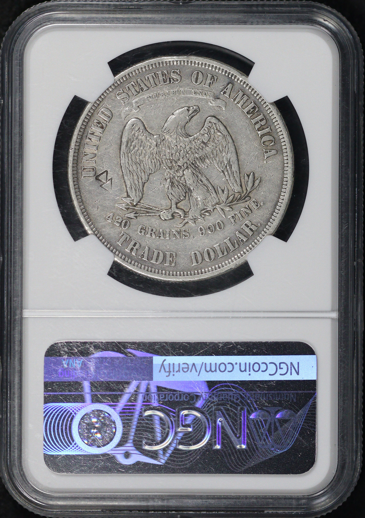 Reverse of this 1873 Trade Dollar NGC XF Details Chopmarked
