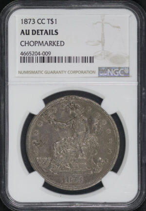 Obverse of this 1873-CC Trade Dollar NGC AU Details Chopmarked
