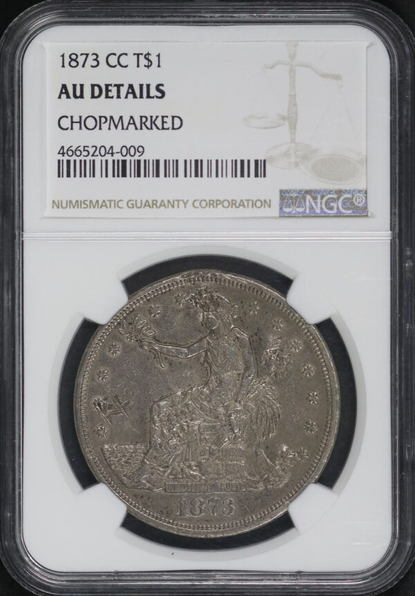 Obverse of this 1873-CC Trade Dollar NGC AU Details Chopmarked