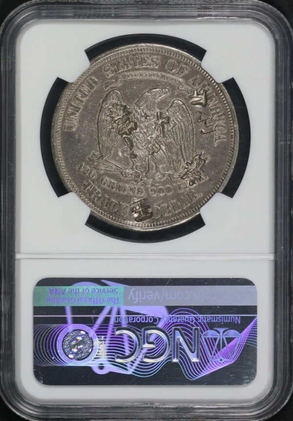 Reverse of this 1873-CC Trade Dollar NGC AU Details Chopmarked