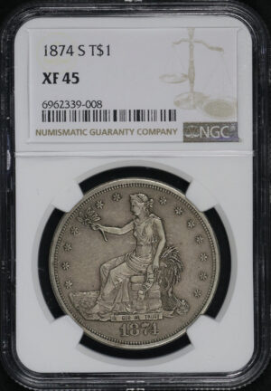 Obverse of this 1874-S Trade Dollar NGC XF-45
