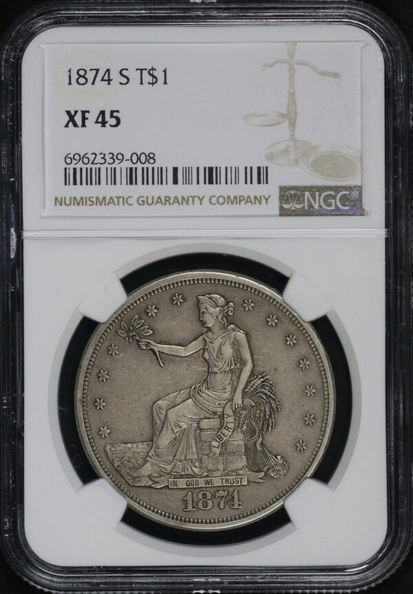 Obverse of this 1874-S Trade Dollar NGC XF-45