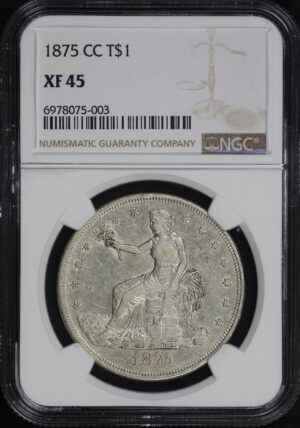 Obverse of this 1875-CC Trade Dollar NGC XF-45