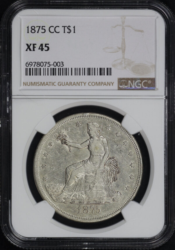Obverse of this 1875-CC Trade Dollar NGC XF-45