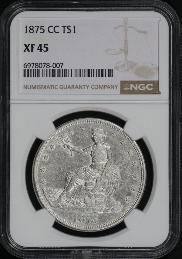 Obverse of this 1875-CC Trade Dollar NGC XF-45