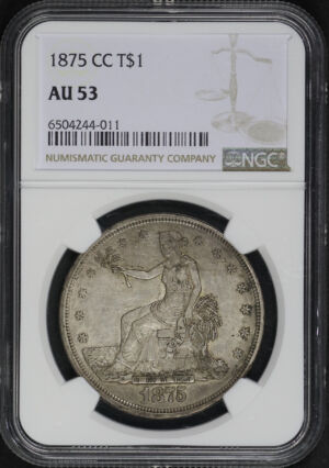Obverse of this 1875-CC Trade Dollar NGC AU-53