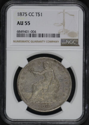 Obverse of this 1875-CC Trade Dollar NGC AU-55