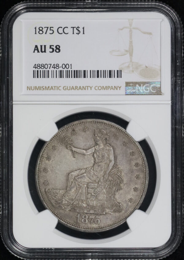 Obverse of this 1875-CC Trade Dollar NGC AU-58