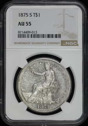 Obverse of this 1875-S Trade Dollar NGC AU-55