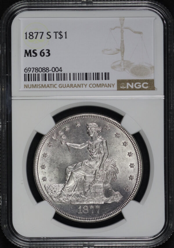 Obverse of this 1877-S Trade Dollar NGC MS-63