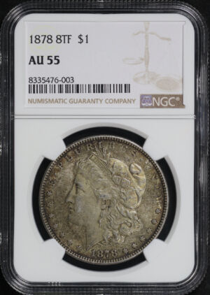Obverse of this 1878 8TF Morgan Dollar NGC AU-55 – Smoky Sunset Hue Toning