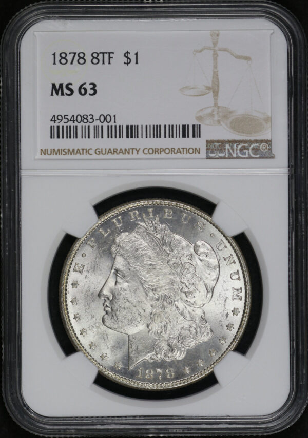 Obverse of this 1878 8TF Morgan Dollar NGC MS-63