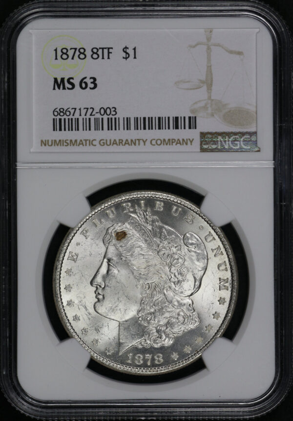 Obverse of this 1878 8TF Morgan Dollar NGC MS-63