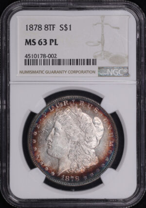 Obverse of this 1878 8TF Morgan Dollar NGC MS-63 PL – Blue & Violet Hue Obverse Rim Toning