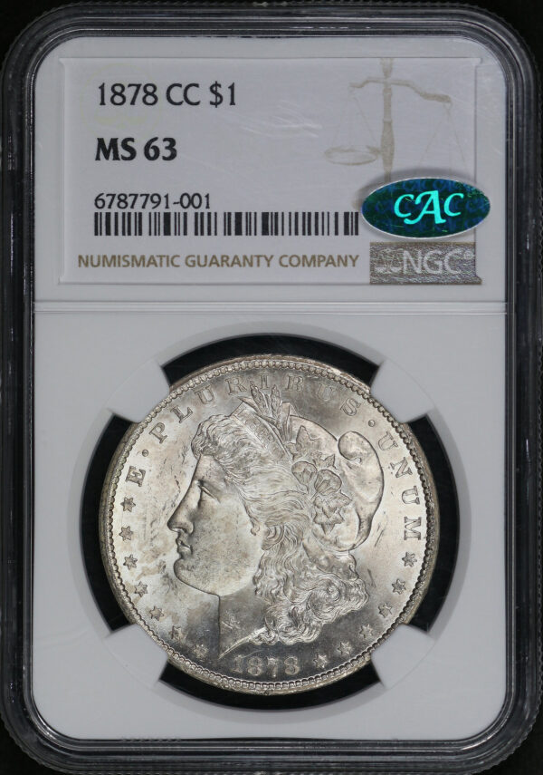 Obverse of this 1878-CC Morgan Dollar NGC MS-63 CAC