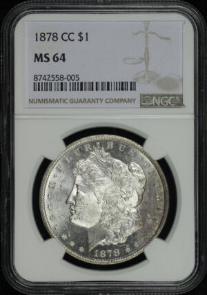 Obverse of this 1878-CC Morgan Dollar NGC MS-64