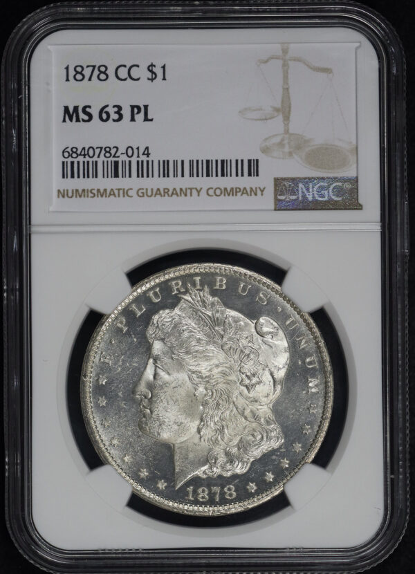 Obverse of this 1878-CC Morgan Dollar NGC MS-63 PL