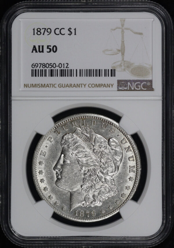 Obverse of this 1879-CC Morgan Dollar NGC AU-50
