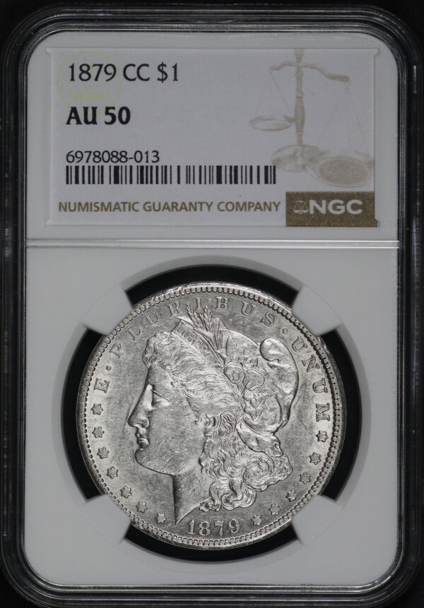 Obverse of this 1879-CC Morgan Dollar NGC AU-50