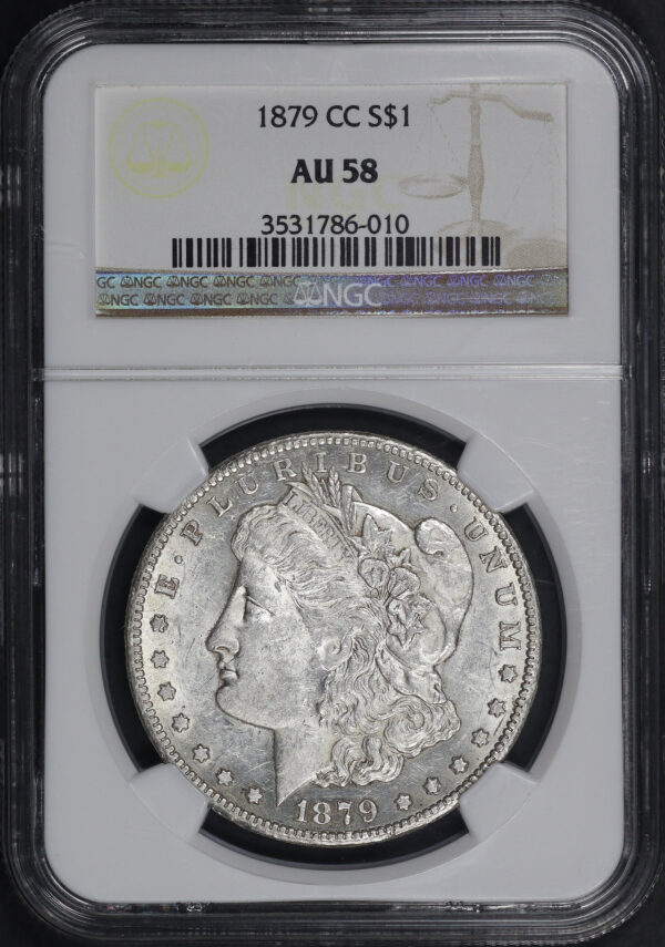 Obverse of this 1879-CC Morgan Dollar NGC AU-58