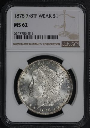 Obverse of this 1878 7/8TF Weak Morgan Dollar NGC MS-62