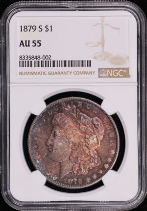 Obverse of this 1879-S Morgan Dollar NGC AU-55 – Blue & Violet Hue Toning
