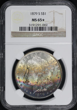 Obverse of this 1879-S Morgan Dollar NGC MS-65★ Banded Rainbow Obverse Toning