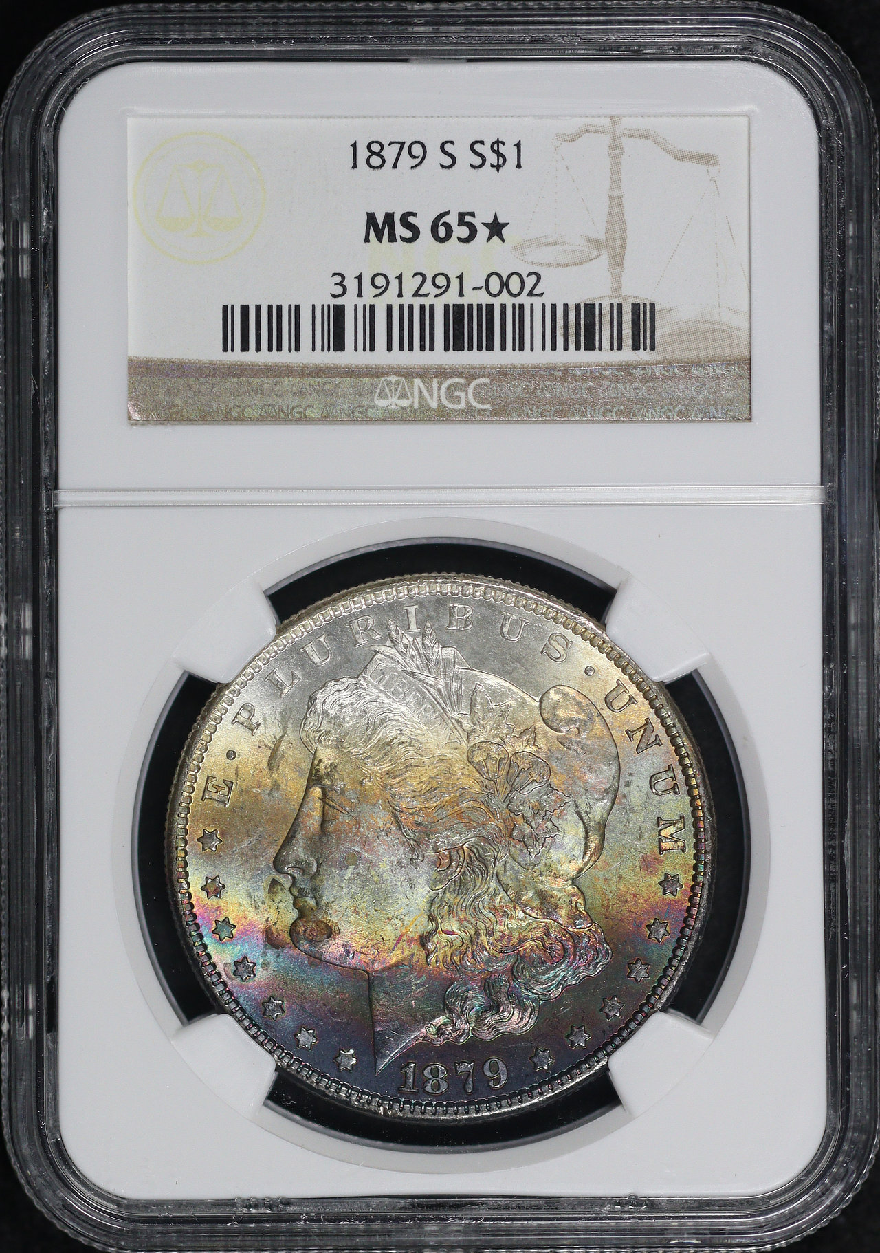 Obverse of this 1879-S Morgan Dollar NGC MS-65★ Banded Rainbow Obverse Toning