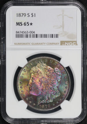 Obverse of this 1879-S Morgan Dollar NGC MS-65★ Vibrant Rainbow Monster Toning