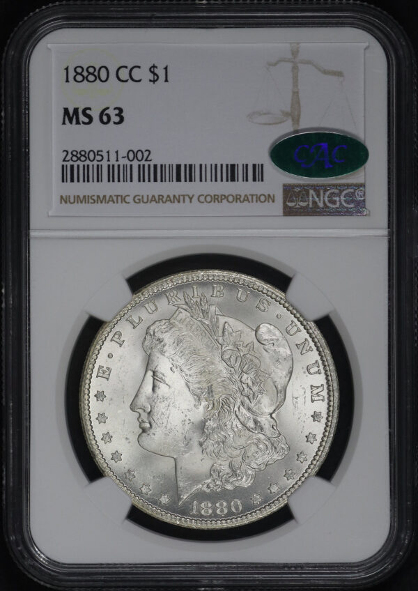 Obverse of this 1880-CC Morgan Dollar NGC MS-63 CAC