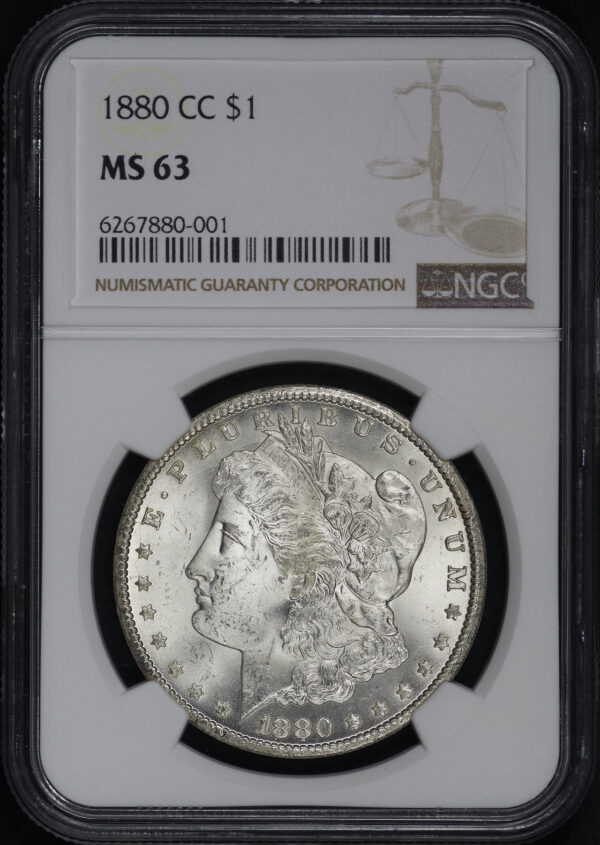 Obverse of this 1880-CC Morgan Dollar NGC MS-63