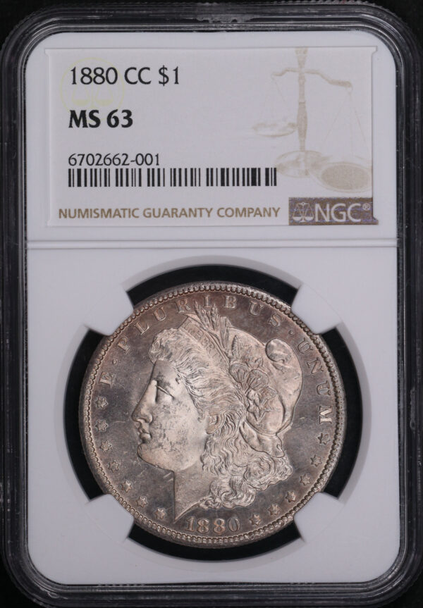 Obverse of this 1880-CC Morgan Dollar NGC MS-63