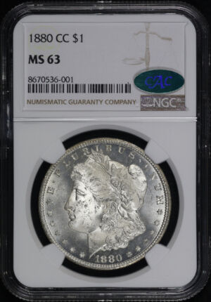 Obverse of this 1880-CC Morgan Dollar NGC MS-63 CAC