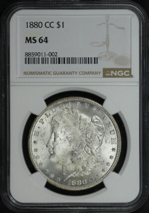Obverse of this 1880-CC Morgan Dollar NGC MS-64