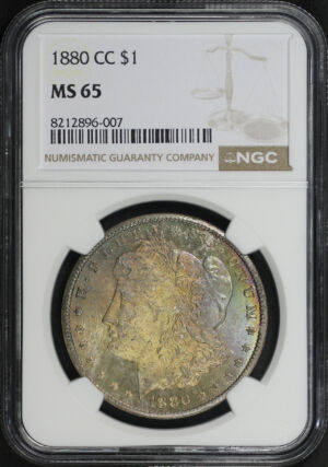 Obverse of this 1880-CC Morgan Dollar NGC MS-65 Rainbow Toning