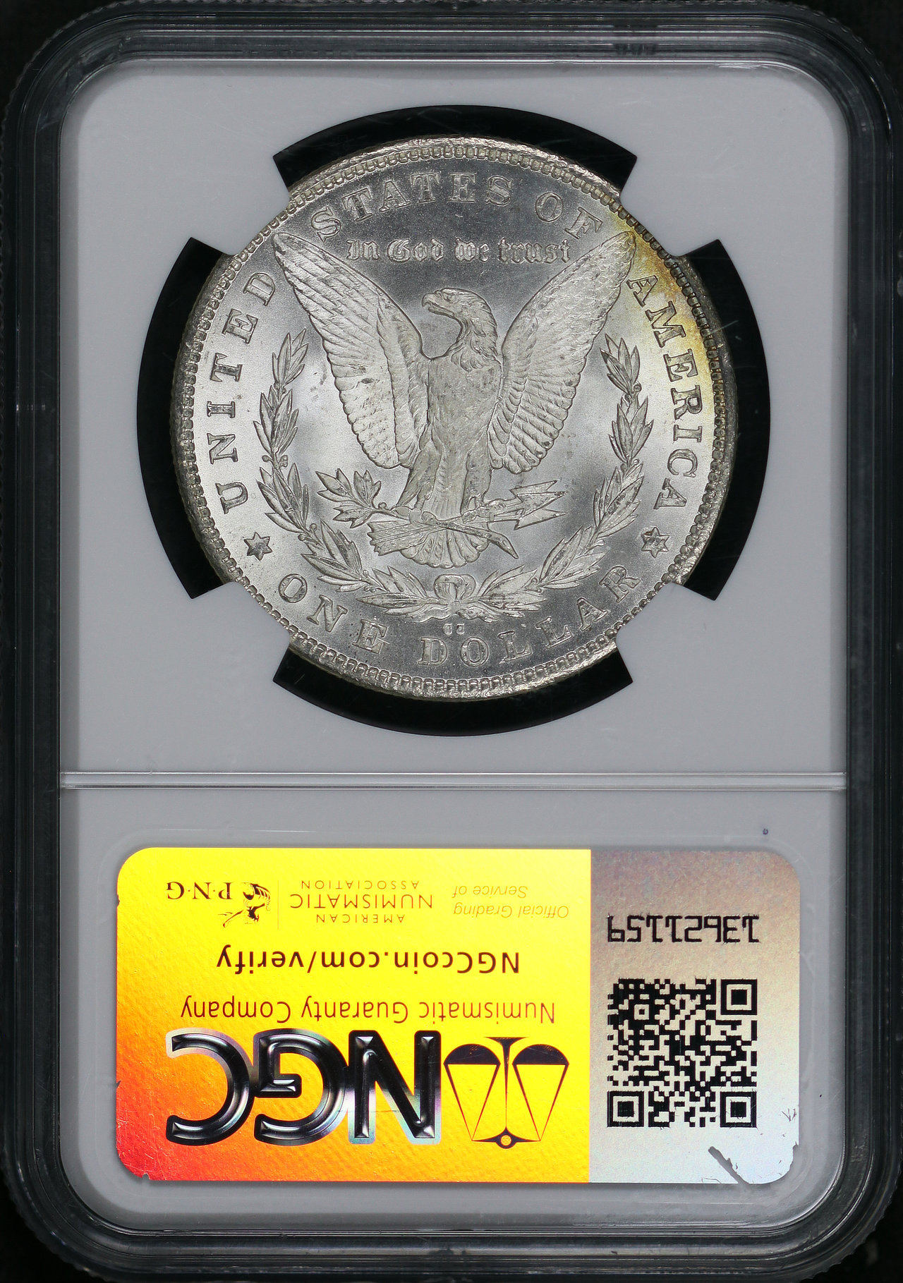 Reverse of this 1880-CC Morgan Dollar NGC MS-67 Rainbow Obverse Crescent Toning