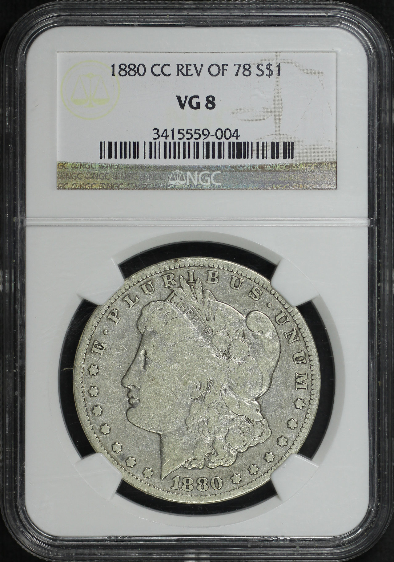 Obverse of this 1880-CC Morgan Dollar Reverse of 1878 NGC VG-8
