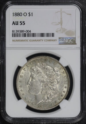 Obverse of this 1880-O Morgan Dollar NGC AU-55