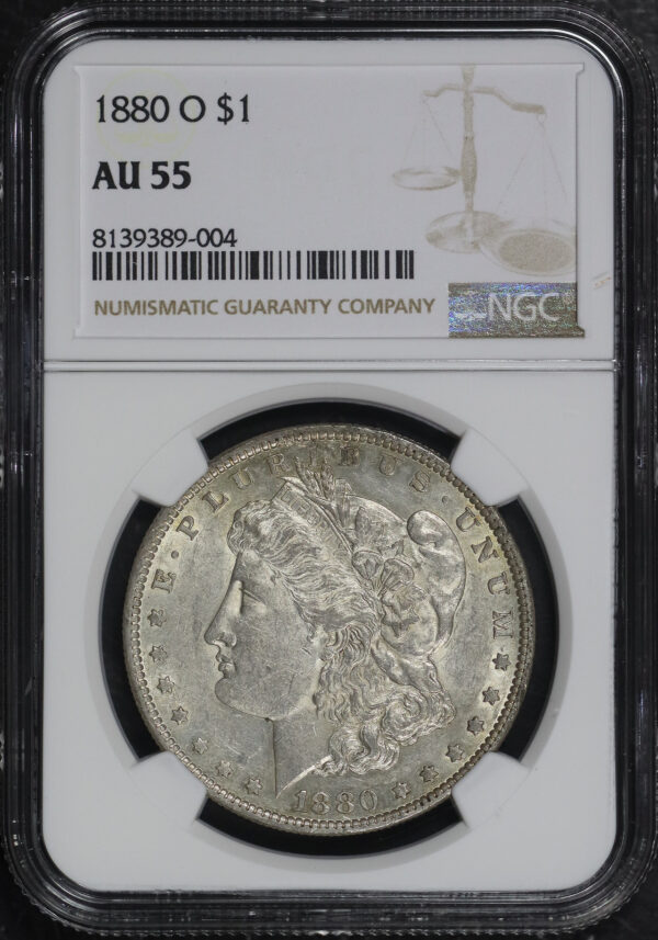 Obverse of this 1880-O Morgan Dollar NGC AU-55